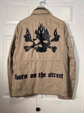 VTG Y2K Smet Christian Audigier Born on the Street Skull M65 Field Jacket Tan L